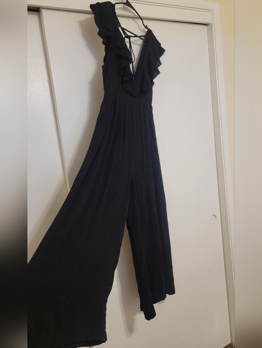 Paper Moon Womens S Black Wide Leg Jumpsuit Ruffle Strap Boho Flowy Pockets